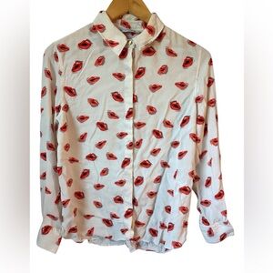 Zara Cream Red Lips Kiss Long Sleeve Blouse Medium Semi-Sheer  See Pics Spots